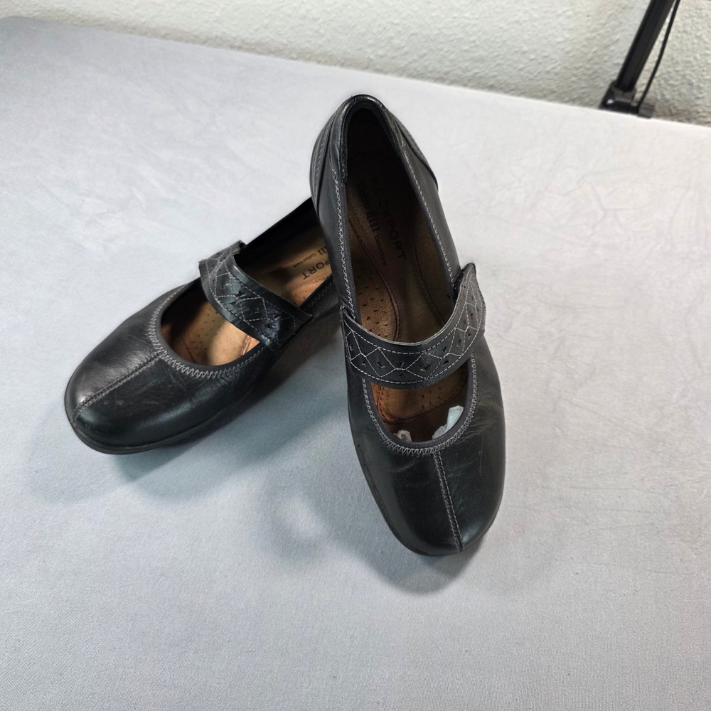 Rockport Cobb Hill Black Leather Mary Jane Flats Hook Loop‎ Strap Shoes  7.5M